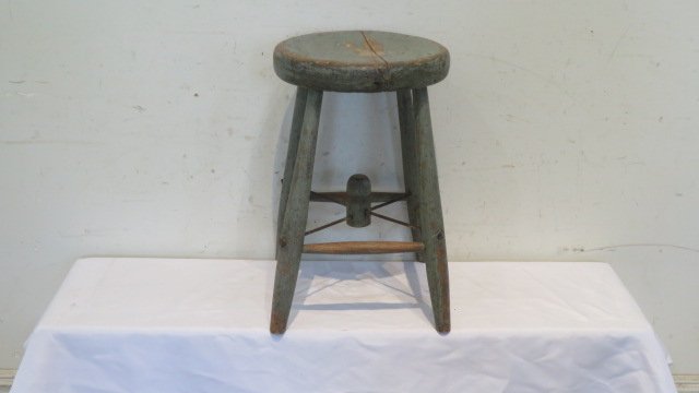 Late 19th century wood stool in old worn blue paint (1 of 5)