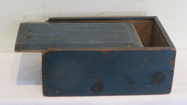 19th century pine sliding lid candle box in old blue paint (1 of 5)