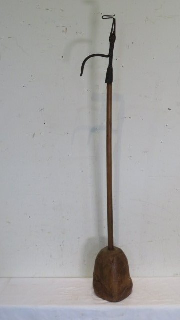 18th century wrought iron rush light mounted on old wood stomper (1 of 3)