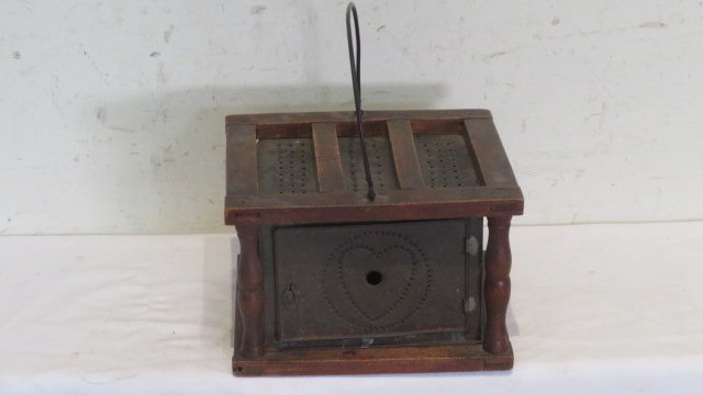 Wood and punched tin foot warmer with wire bale handle (1 of 6)