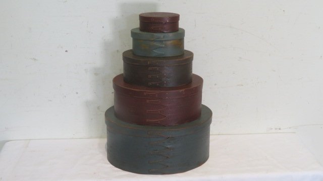 Stack of 5 reproduction painted Shaker oval boxes (1 of 3)