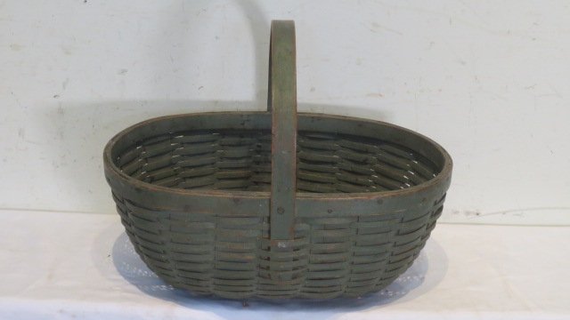Early 20th century splint market basket in old green paint (1 of 5)