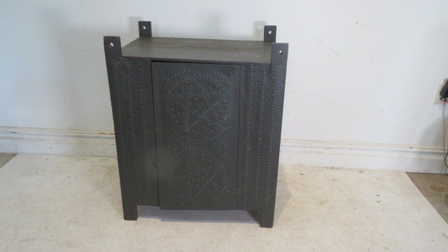 Pine punched tin hanging pie safe in dark green painted surface (1 of 8)