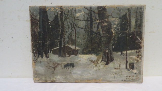 O/C painting of cabin in the woods: O/C painting of cabin in the woods, signed G.H. Karr, 12"T x 17"W