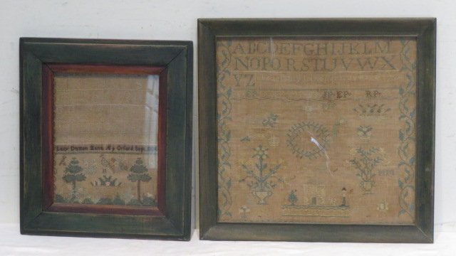 2 framed schoolgirl samplers: 2 framed schoolgirl samplers one by Lucy Dutton Mann dated 1804 with birds, pine trees, and alphabet, the other is signed H.M. with alphabet, urns with flowers, 2-story house with a dog, person, and p