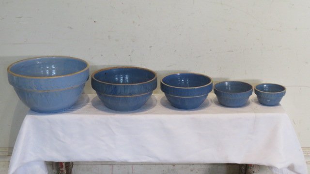 Group of 5 blue stoneware crock bowls (1 of 5)