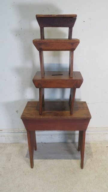Group of 4 pine stools and bench: Group of 4 pine stools and bench, smallest is in old surface 7"T x 11.5"L x 7,5"W, all 20th century, bench is 21.5"T x 23" L x 14"W
