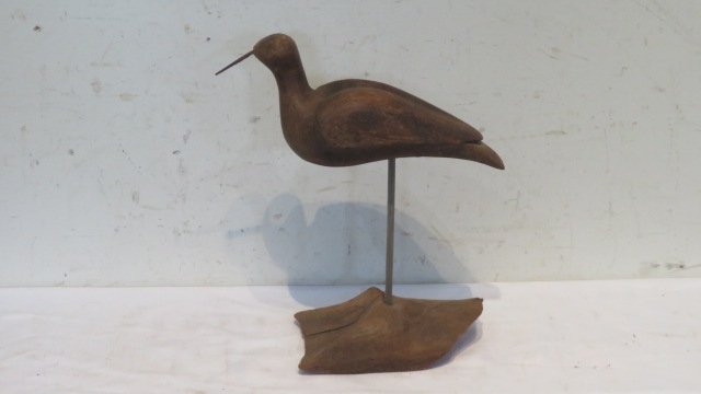 Older wood shore bird: Older wood shore bird with carved tail and wing feathers, 14"T x 13"L (base)