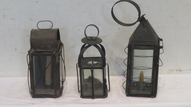 Group of 3 old tin and glass lanterns (1 of 6)