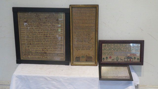 4 hand-stitched reproduction schoolgirl samplers in frames (1 of 5)