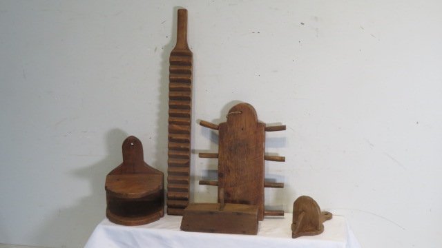 Group of 5 wooden mystery items: Group of 5 wooden mystery items including: bed smoother/mangle 36"T, 2 hanging shelves, and ??