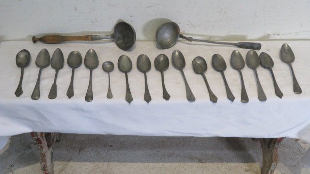 18 pewter items - 16 spoons and 2 ladles (1 of 6)