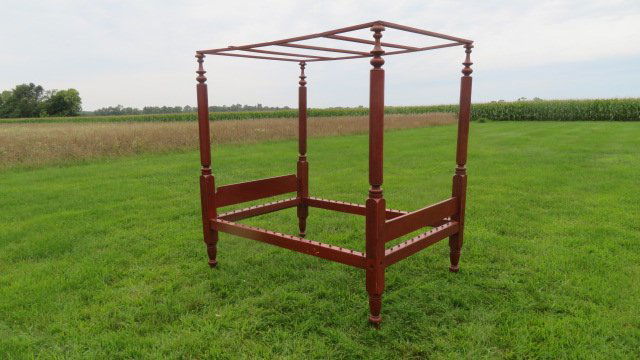 4 poster Ca. 1840 rope bed in old red paint (1 of 5)