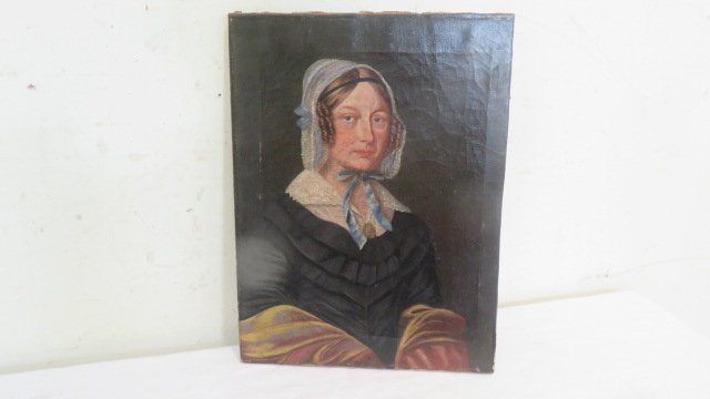 O/C 19th century portrait of woman: O/C 19th century portrait of woman wearing a bonnet, 12" x 16"