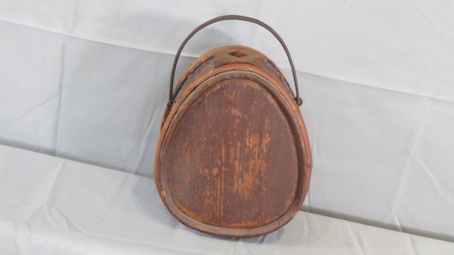 Early large wood canteen with wooden bands & hand wrought iron handle (1 of 4)
