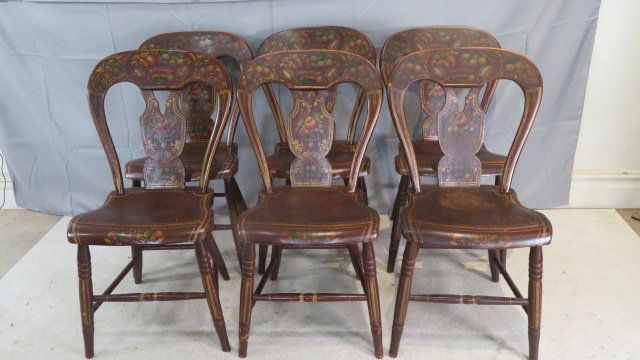 6 Mid-19th century PA paint decorated balloon back, plank bottom chairs (1 of 7)