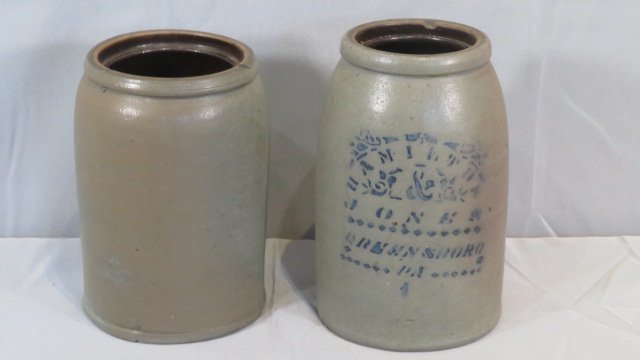 2 stoneware wax sealers: 2 stoneware wax sealers including stenciled Hamilton & Jones, Greensboro, Pa, the other is unmarked and plain, Hamilton & Jones is 10"t. 6 1/4" dia.