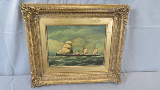Oil on wood panel painting of steamship with sails (1 of 12)