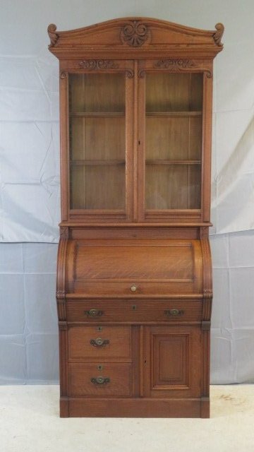 Late 19th century oak 2-pc cylinder secretary with fancy cornice (1 of 7)
