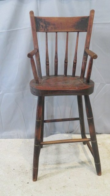 Country Windsor youth chair in old red and black paint: Country Windsor youth chair in old red and black paint, 33"T x 12"W x 12"D