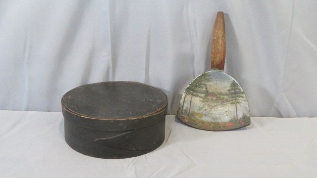 Harvard lap pantry box in old green paint and folk art butter paddle: Harvard lap pantry box in old green paint 2.75"T x 7"D and folk art butter paddle 8.5"L