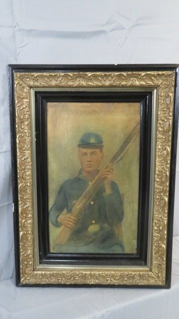 Pastel portrait of Civil War soldier holding musket: Pastel portrait of Civil War soldier holding musket, old newspaper article on back of painting for Uncle Newt Stewart on his 96th birthday, June 23rd, 1940, there is a record of a Newton Hiram Stewart
