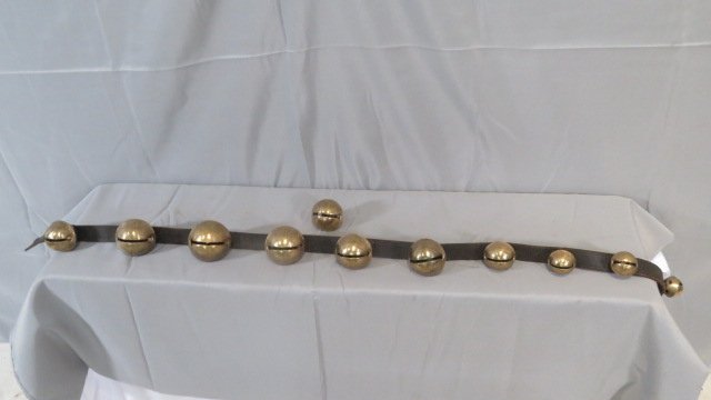 Set of 11 sleigh bells on leather strap (1 of 2)