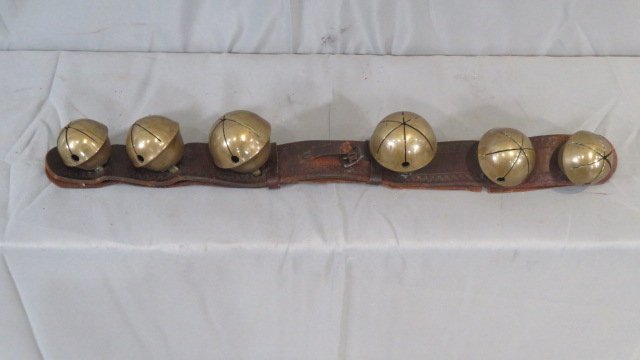 Set of 6 brass sleigh bells on leather strap (1 of 4)
