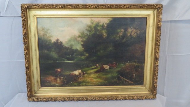 O/C landscape painting with cattle in original gilded frame signed (1 of 8)