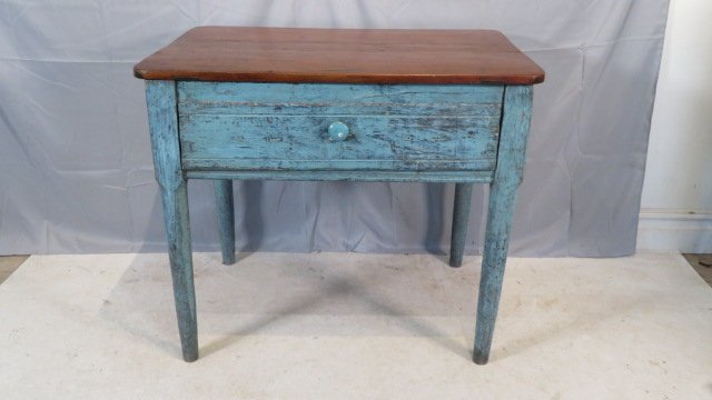 Early pine worktable with drawer in old blue painted surface (1 of 8)