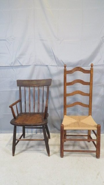 2 early 19th century chairs: 2 early 19th century chairs, one is a country paint-decorated Windsor armchair in original paint, and a PA ladderback chair with rush seat 44"T x 15"W x 14"D