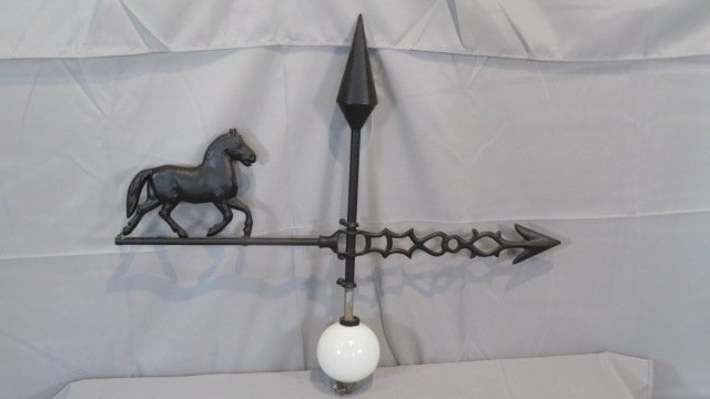 Late 19th cent. iron and zinc directional with a running horse and white lightning rod ball (1 of 6)