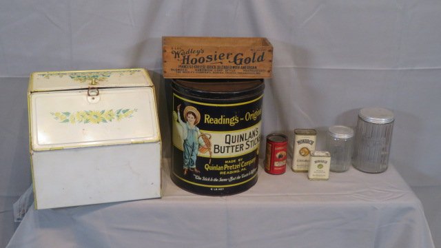Group of advertising tins, bread box, cheese box, and 2 glass storage jars (1 of 8)