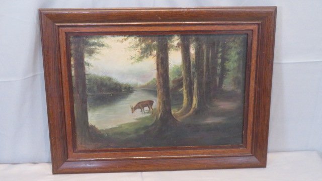 O/C landscape painting of a stream going through forest with stag deer (1 of 6)