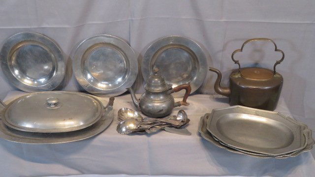 8 pcs of early pewter, 19th century copper teapot, and flatware (1 of 8)