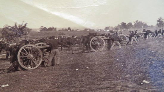 Vintage albumen artillery photograph of Fredericksburg, Va. Civil War battlefield: June 1863 vintage albumen photograph of Fredericksburg, Va. battlefield with line of Union artillery in action, encampment in background, Timothy H. O'Sullivan (U.S. 1840-1882), sight 6 1/2" x 9