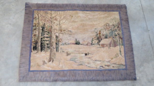 Pictorial hooked rug of 3 cabins in winter landscape (1 of 5)