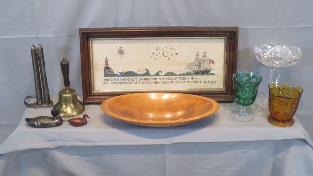 Group of misc. items, needlepoint, cut glass, bell, etc. (1 of 4)