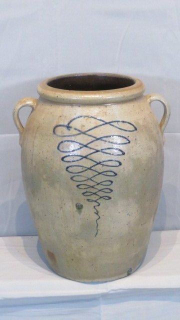 10-gal unmarked stoneware jar with 2 open handles and blue tornado design (1 of 9)