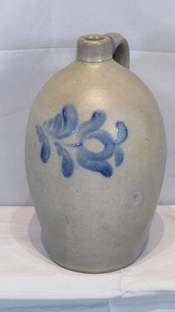 Unmarked 2-gal western PA blue decorated stoneware jug with tulip (1 of 4)