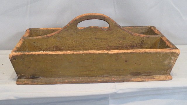 Late 19th century pine utensil carrier in grungy mustard paint (1 of 6)