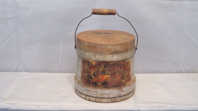 Small painted firkin w/lid in old gray with original label (1 of 7)