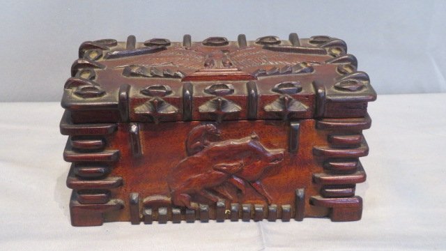 Walnut and poplar folk art box with carved spread wing eagle on lid (1 of 10)