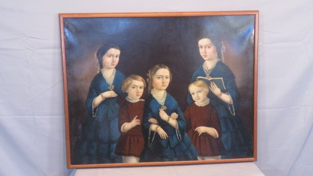 Ca 1850 O/C portrait of 5 children unsigned (1 of 11)
