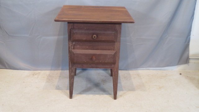 Mid-19th century poplar 2-drawer southern stand in old red wash: Mid-19th century poplar 2-drawer southern stand in old red wash, square nailed construction, drawer pulls are old wooden spools, supposedly slave made but no provenance, 27"T x 23.5"W x 22"D