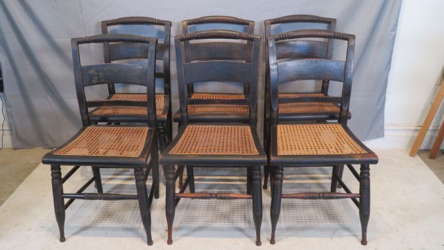 Set of 6 paint decorated mid-19th century Hitchcock style chairs w/cane seats: Set of 6 paint decorated mid-19th century Hitchcock style chairs w/cane seats, original paint, 36"T x 17"W x 15.5"D, seat height is 18"T