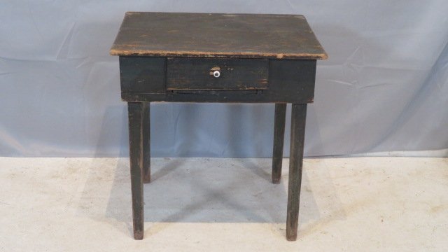 Late 19th century primitive pine one-drawer stand in old green paint (1 of 5)