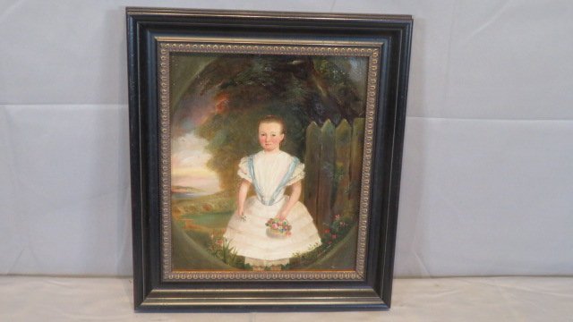 Mid-19th century O/C portrait of young girl holding a flower basket, unsigned (1 of 7)