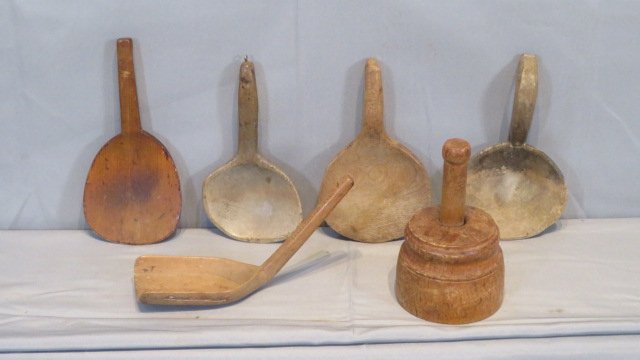 6 pieces of woodenware: 6 pieces of woodenware, including: angled scoop 10"L, 4 butter workers, and a butter mold