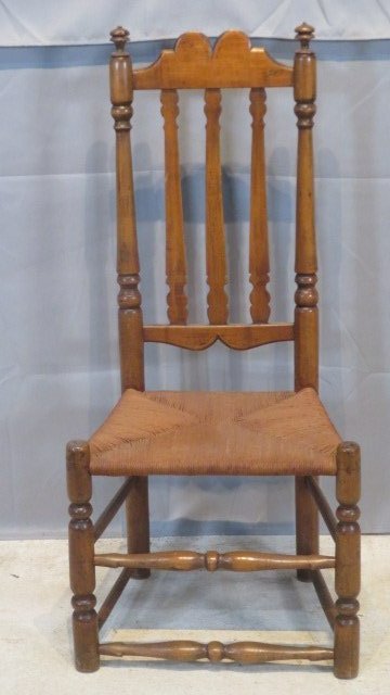 18th century maple banister back side chair with rush seat: 18th century maple banister back side chair with rush seat, 41"T x 18.75"W x 15.5"D, seat height 15.5"T